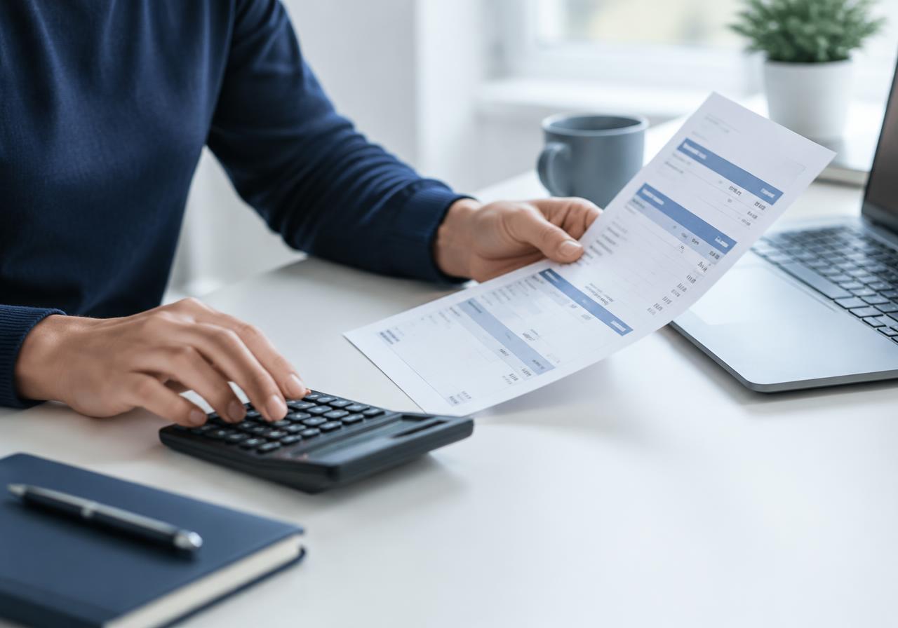Person checking a payslip with a calculator